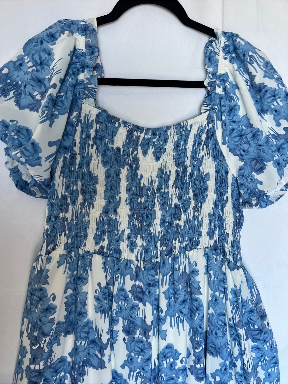 Blue Floral Smocked Puff-Sleeve Women’s Maxi Dress NWOT 1X - Picture 2 of 12